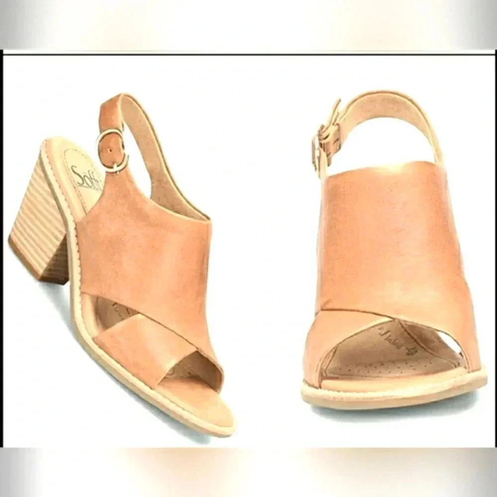 Sofft 11 Tan Casual Leather Slingback Block Heel Sandals